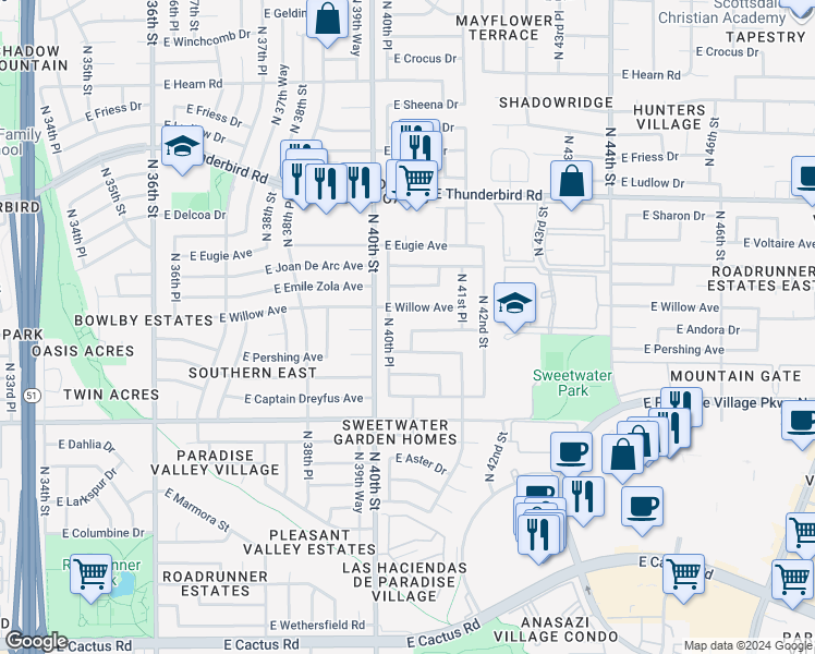 map of restaurants, bars, coffee shops, grocery stores, and more near 12220 East Andorra Drive in Phoenix