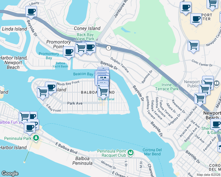 map of restaurants, bars, coffee shops, grocery stores, and more near 308 Grand Canal in Newport Beach
