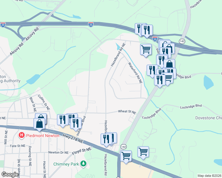 map of restaurants, bars, coffee shops, grocery stores, and more near 9321 Settlers Grove Road Northeast in Covington