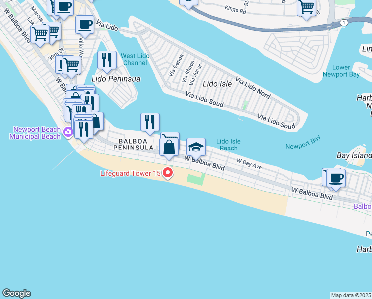 map of restaurants, bars, coffee shops, grocery stores, and more near 1413 West Bay Avenue in Newport Beach