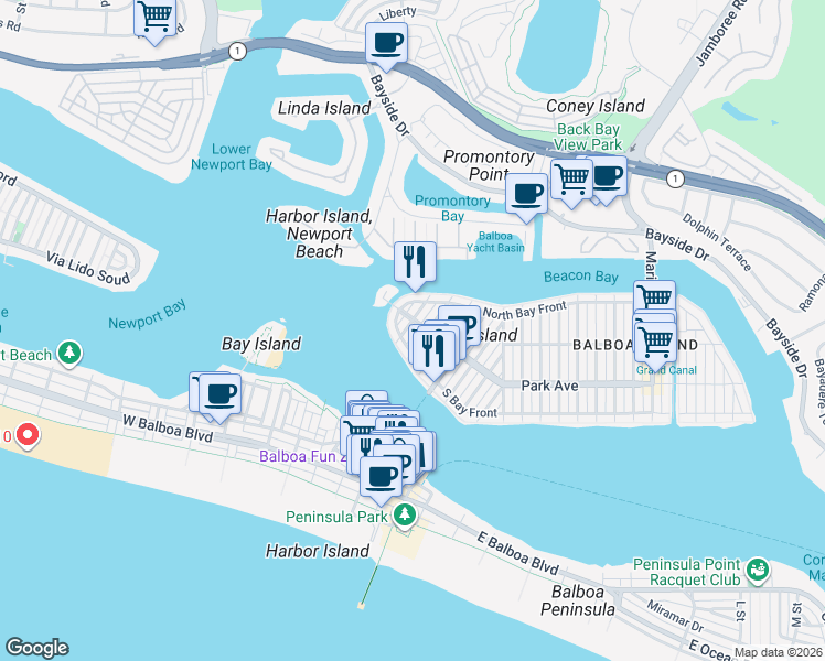 map of restaurants, bars, coffee shops, grocery stores, and more near 116 Emerald Avenue in Newport Beach