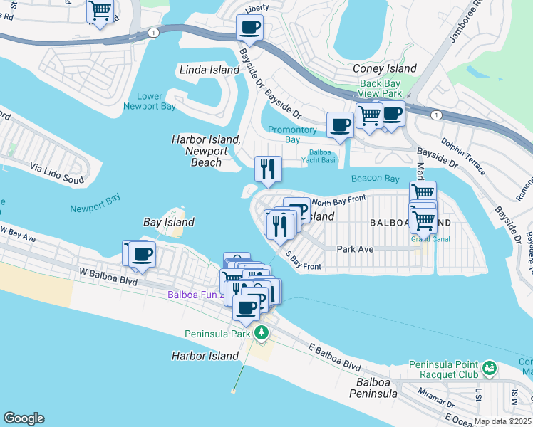 map of restaurants, bars, coffee shops, grocery stores, and more near 116 Emerald Avenue in Newport Beach