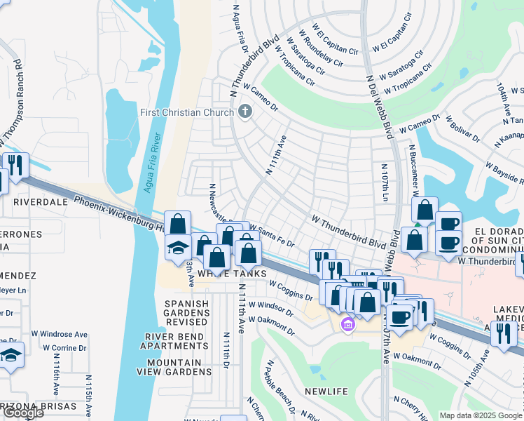map of restaurants, bars, coffee shops, grocery stores, and more near 13633 North 111th Avenue in Sun City