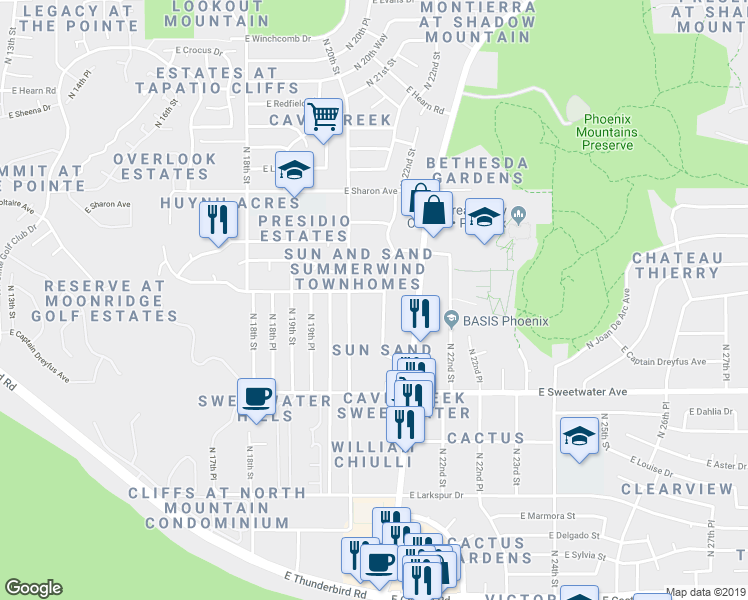 map of restaurants, bars, coffee shops, grocery stores, and more near 13244 N 21st Pl in Phoenix