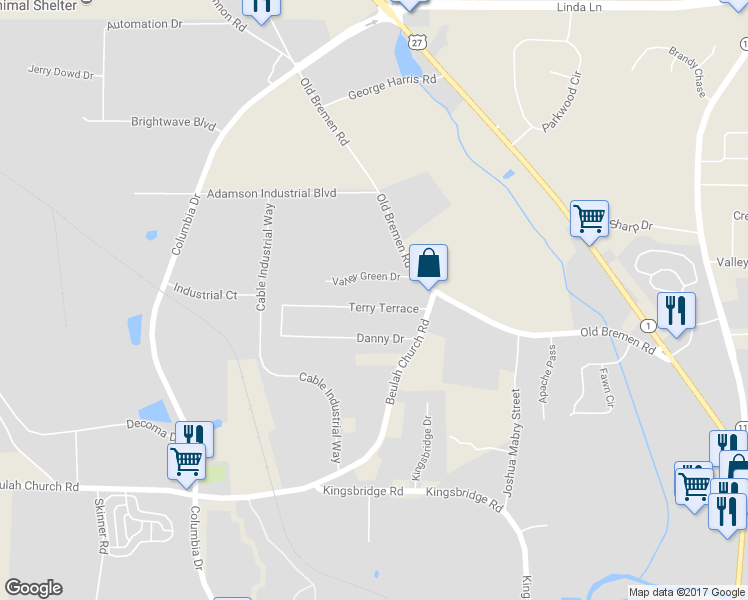 map of restaurants, bars, coffee shops, grocery stores, and more near 75 Terry Terrace in Carrollton