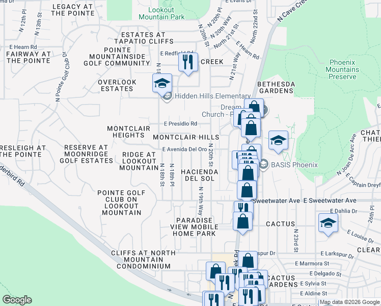 map of restaurants, bars, coffee shops, grocery stores, and more near 13266 North 19th Place in Phoenix
