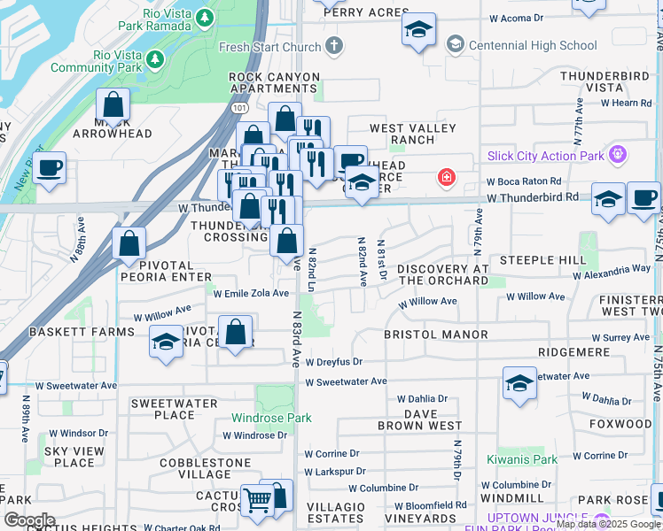 map of restaurants, bars, coffee shops, grocery stores, and more near 8245 West Rue De Lamour in Peoria