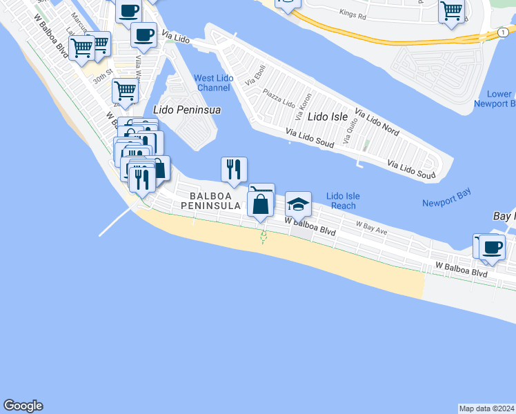 map of restaurants, bars, coffee shops, grocery stores, and more near 211 15th Street in Newport Beach