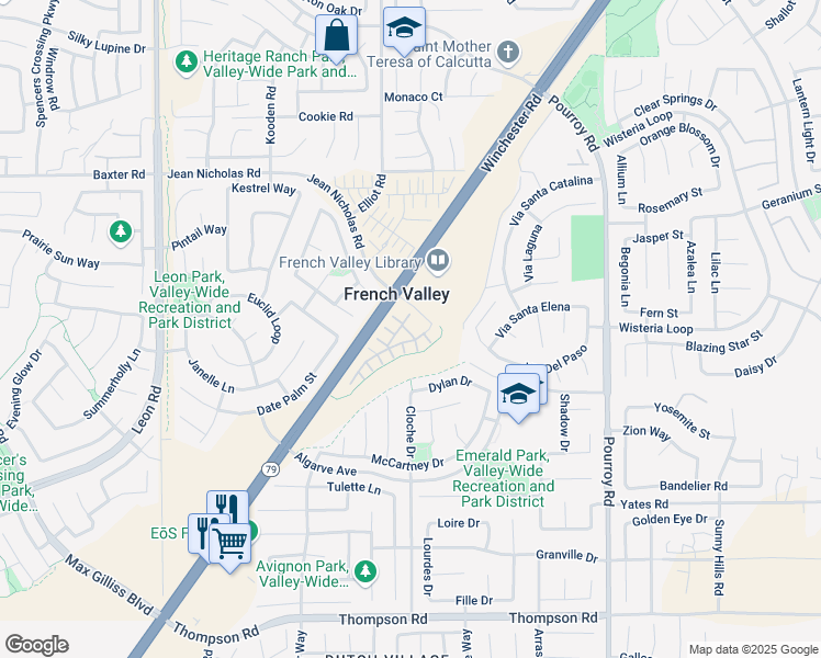 map of restaurants, bars, coffee shops, grocery stores, and more near 31558 Alicante Loop in Winchester