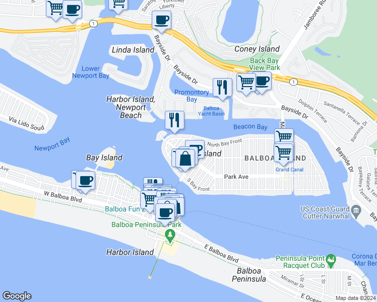 map of restaurants, bars, coffee shops, grocery stores, and more near 207 Pearl Avenue in Newport Beach
