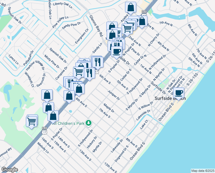 map of restaurants, bars, coffee shops, grocery stores, and more near 718 Juniper Drive in Surfside Beach