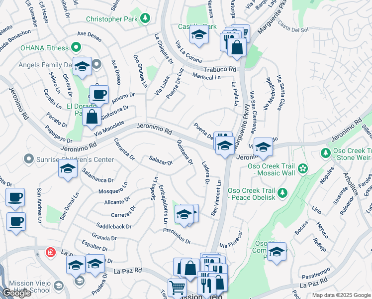 map of restaurants, bars, coffee shops, grocery stores, and more near 24472 Ladera Drive in Mission Viejo