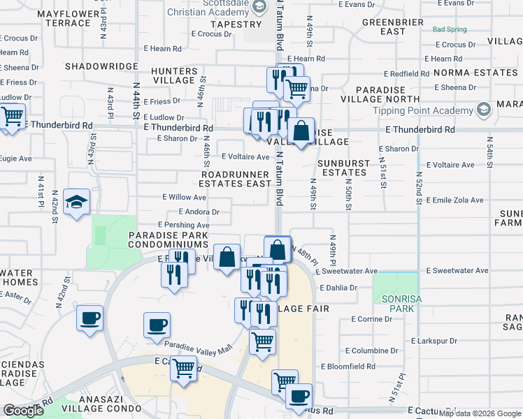 map of restaurants, bars, coffee shops, grocery stores, and more near 4701 East Willow Avenue in Phoenix