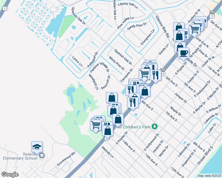 map of restaurants, bars, coffee shops, grocery stores, and more near 1608 Commadores Court in Myrtle Beach