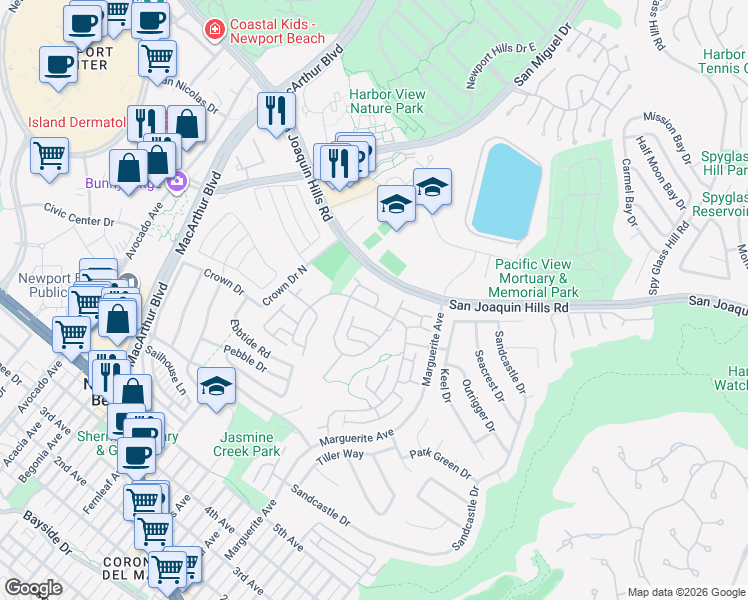 map of restaurants, bars, coffee shops, grocery stores, and more near 11 Jetty Drive in Newport Beach