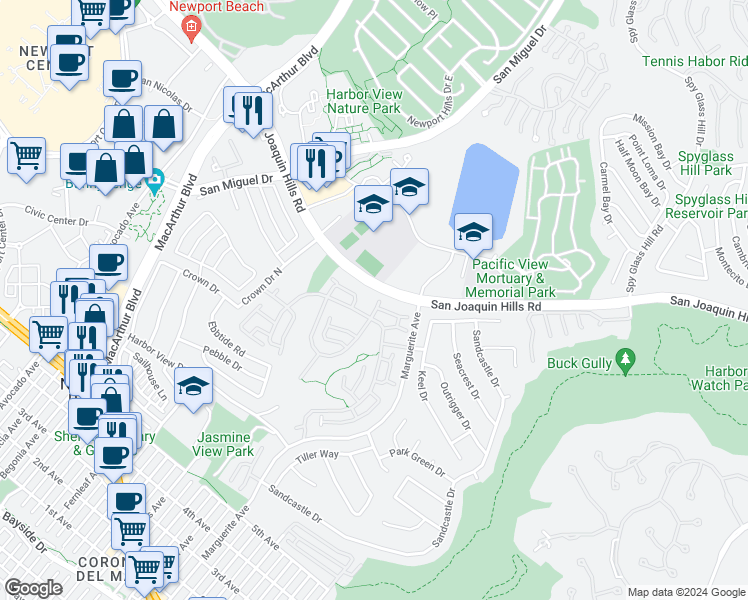 map of restaurants, bars, coffee shops, grocery stores, and more near 43 Mainsail Drive in Newport Beach