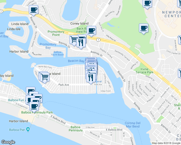 map of restaurants, bars, coffee shops, grocery stores, and more near 311 Marine Avenue in Newport Beach