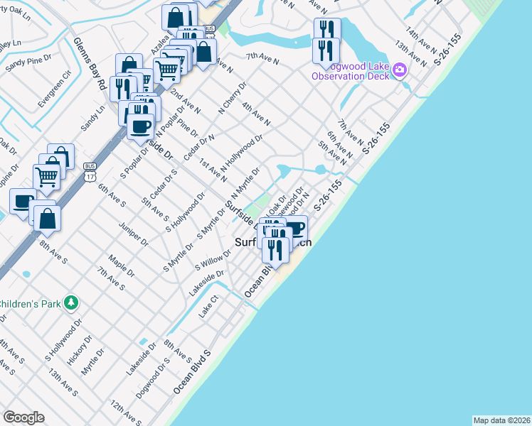 map of restaurants, bars, coffee shops, grocery stores, and more near 20 N Oak Dr in Surfside Beach