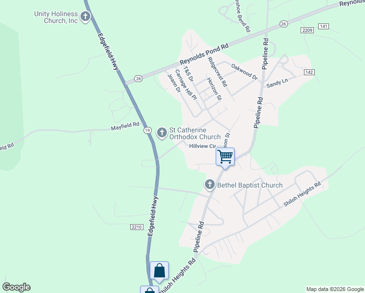 map of restaurants, bars, coffee shops, grocery stores, and more near 1116 Pineland Terrace in Aiken