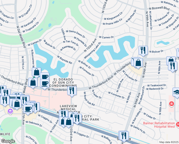 map of restaurants, bars, coffee shops, grocery stores, and more near 10130 West Forrester Drive in Sun City