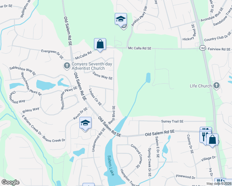 map of restaurants, bars, coffee shops, grocery stores, and more near 2332 Benji Boulevard Southeast in Conyers