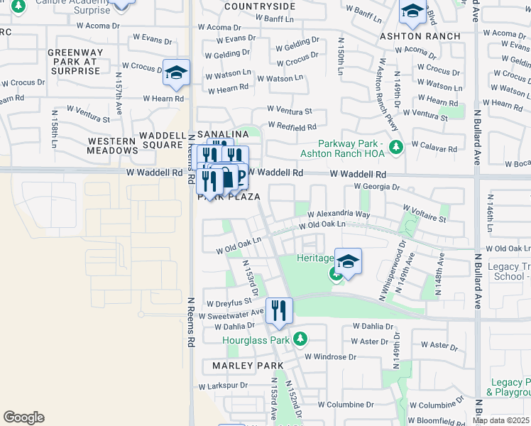 map of restaurants, bars, coffee shops, grocery stores, and more near 13570 North 152nd Drive in Surprise