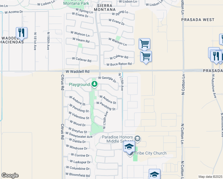 map of restaurants, bars, coffee shops, grocery stores, and more near 17545 West Voltaire Street in Surprise