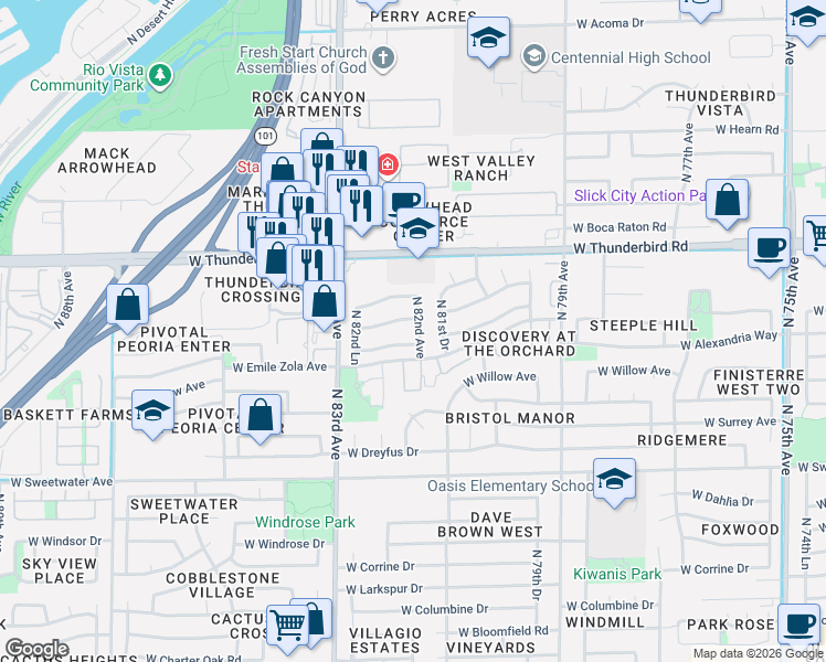 map of restaurants, bars, coffee shops, grocery stores, and more near 13610 North 82nd Avenue in Peoria