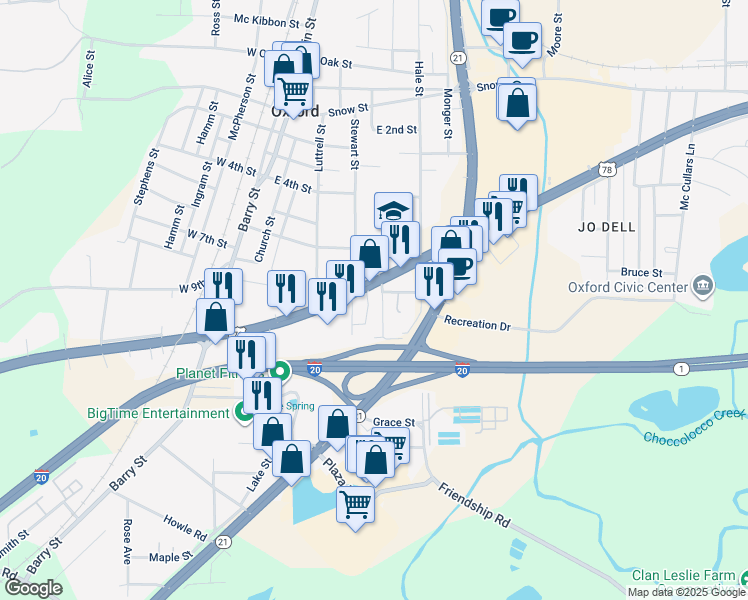 map of restaurants, bars, coffee shops, grocery stores, and more near 412 Hamric Drive East in Oxford