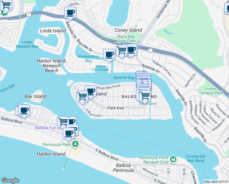 map of restaurants, bars, coffee shops, grocery stores, and more near 310 Diamond Avenue in Newport Beach