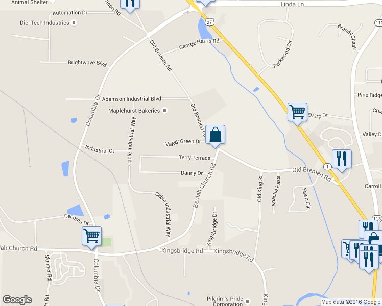 map of restaurants, bars, coffee shops, grocery stores, and more near 65 Terry Terrace in Carrollton