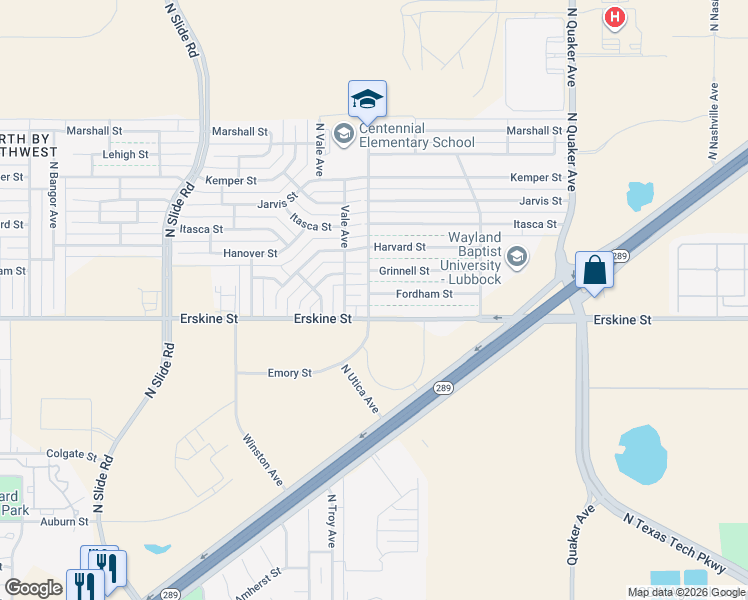 map of restaurants, bars, coffee shops, grocery stores, and more near 4643 Fordham Street in Lubbock