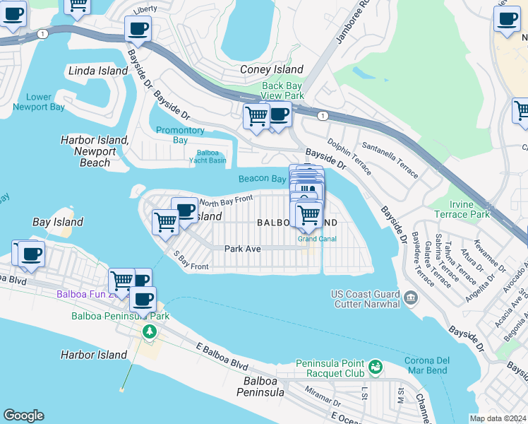 map of restaurants, bars, coffee shops, grocery stores, and more near 310 Coral Avenue in Newport Beach