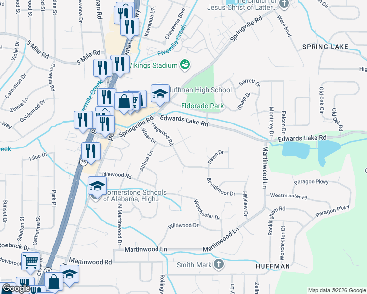 map of restaurants, bars, coffee shops, grocery stores, and more near 904 Pine Forest Circle in Birmingham