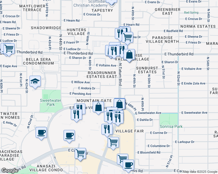 map of restaurants, bars, coffee shops, grocery stores, and more near 4701 East Willow Avenue in Phoenix