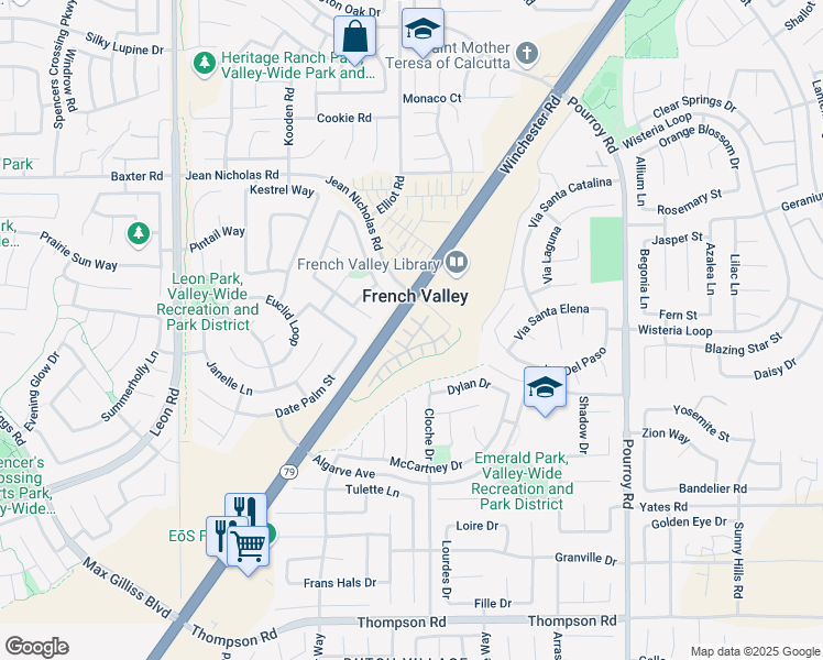 map of restaurants, bars, coffee shops, grocery stores, and more near 31524 Alicante Loop in Winchester