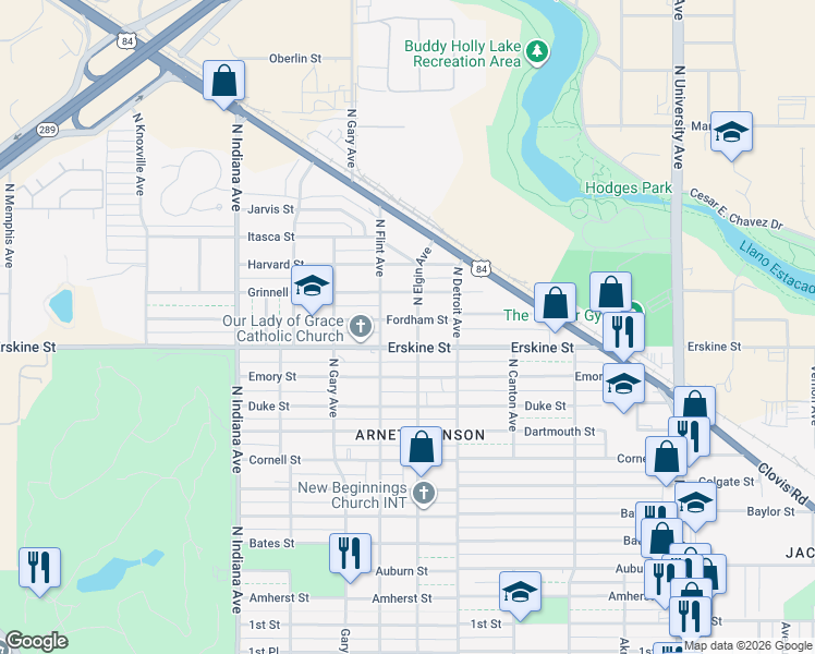 map of restaurants, bars, coffee shops, grocery stores, and more near 3007 Fordham Street in Lubbock