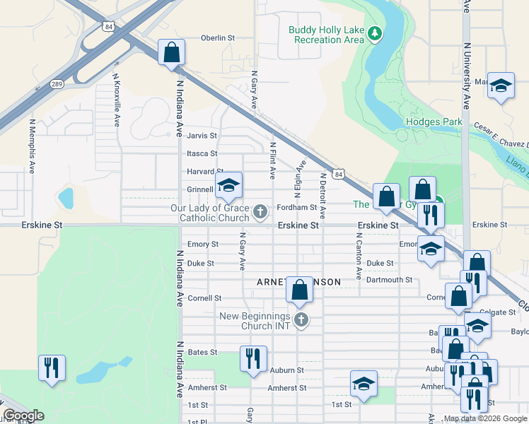 map of restaurants, bars, coffee shops, grocery stores, and more near 3109 Fordham Street in Lubbock
