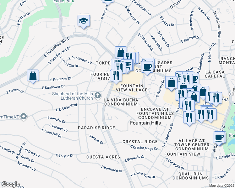 map of restaurants, bars, coffee shops, grocery stores, and more near 16282 East Chiquita Drive in Fountain Hills