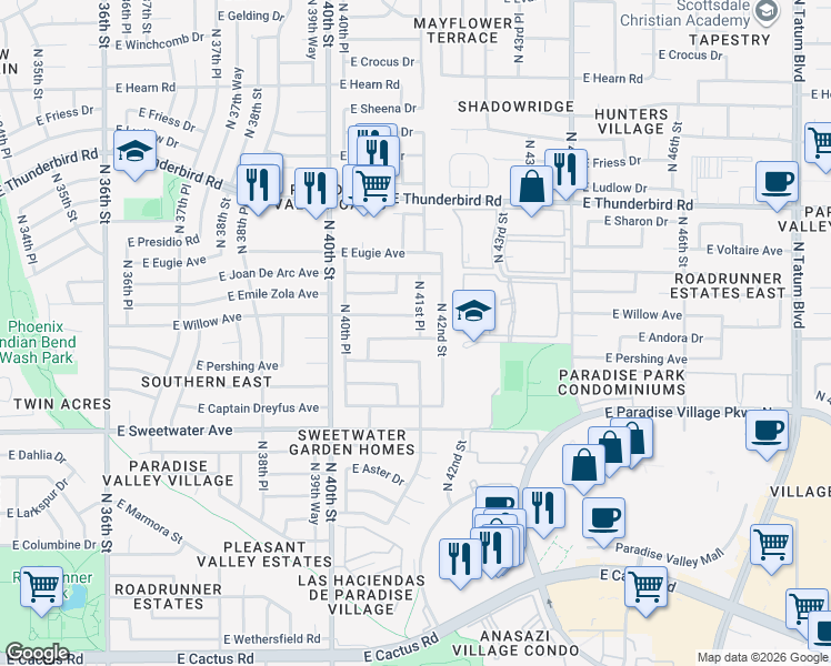 map of restaurants, bars, coffee shops, grocery stores, and more near 4110 East Andorra Drive in Phoenix