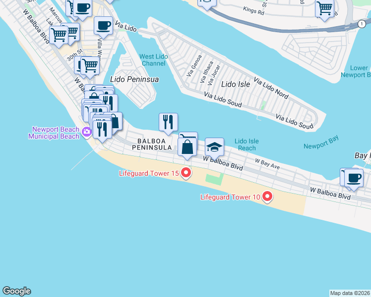 map of restaurants, bars, coffee shops, grocery stores, and more near in Newport Beach