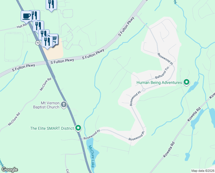 map of restaurants, bars, coffee shops, grocery stores, and more near 5625 Dendy Trace in Fairburn