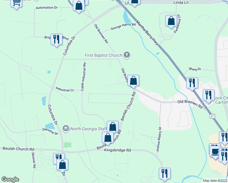 map of restaurants, bars, coffee shops, grocery stores, and more near 75 Terry Terrace in Carrollton