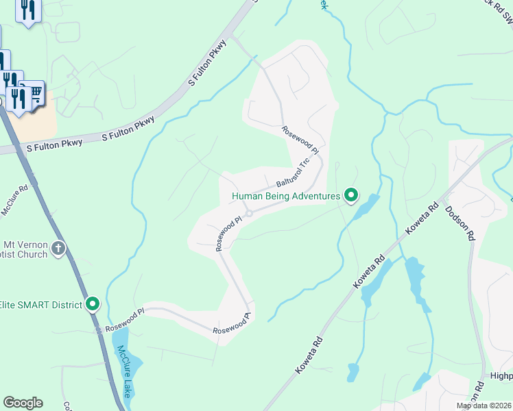 map of restaurants, bars, coffee shops, grocery stores, and more near 5309 Rosewood Place in Fairburn