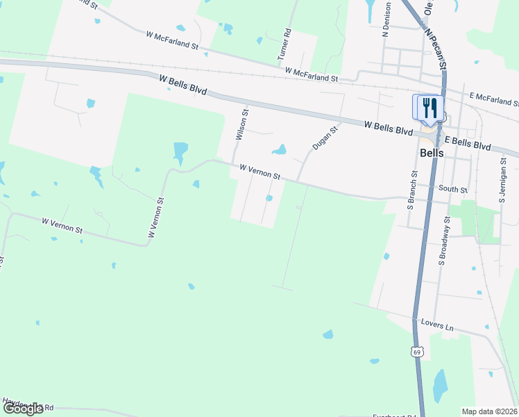 map of restaurants, bars, coffee shops, grocery stores, and more near 404 Sunshine Trail in Bells