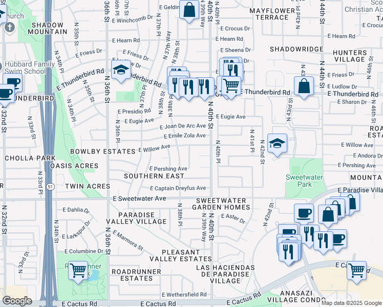 map of restaurants, bars, coffee shops, grocery stores, and more near 13247 North 39th Street in Phoenix