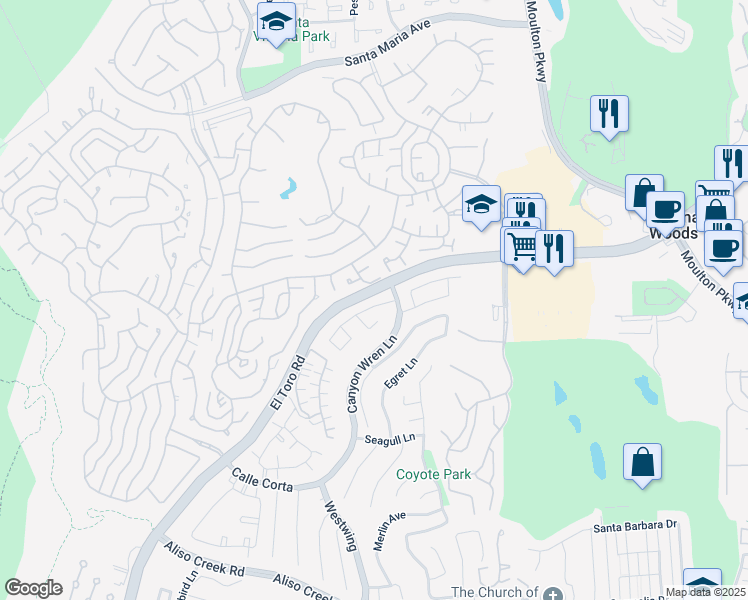 map of restaurants, bars, coffee shops, grocery stores, and more near 15 Cuervo Drive in Aliso Viejo