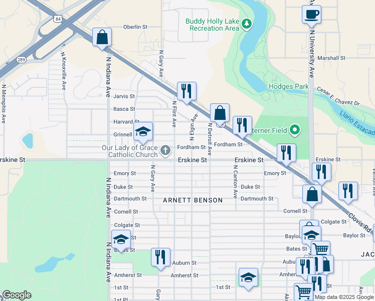 map of restaurants, bars, coffee shops, grocery stores, and more near 3007 Fordham Street in Lubbock