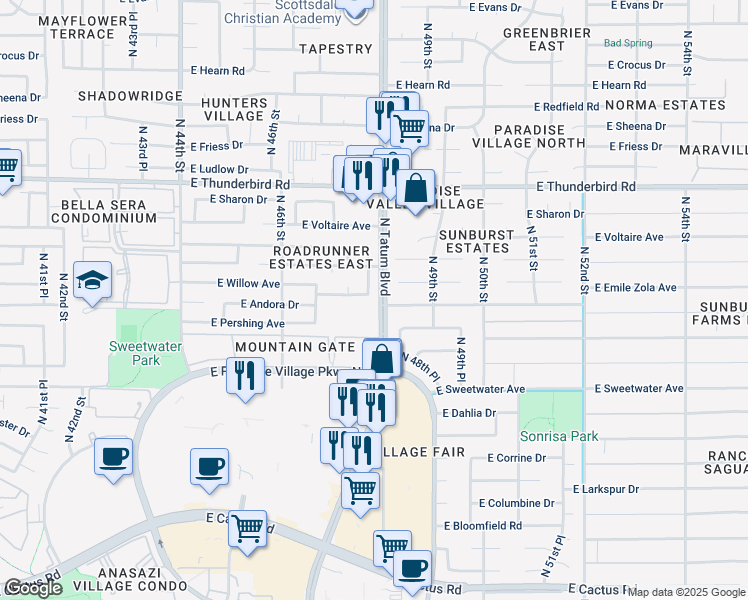map of restaurants, bars, coffee shops, grocery stores, and more near 4731 East Willow Avenue in Phoenix