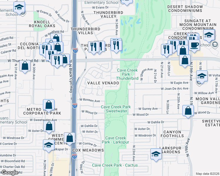 map of restaurants, bars, coffee shops, grocery stores, and more near 2429 West Willow Avenue in Phoenix